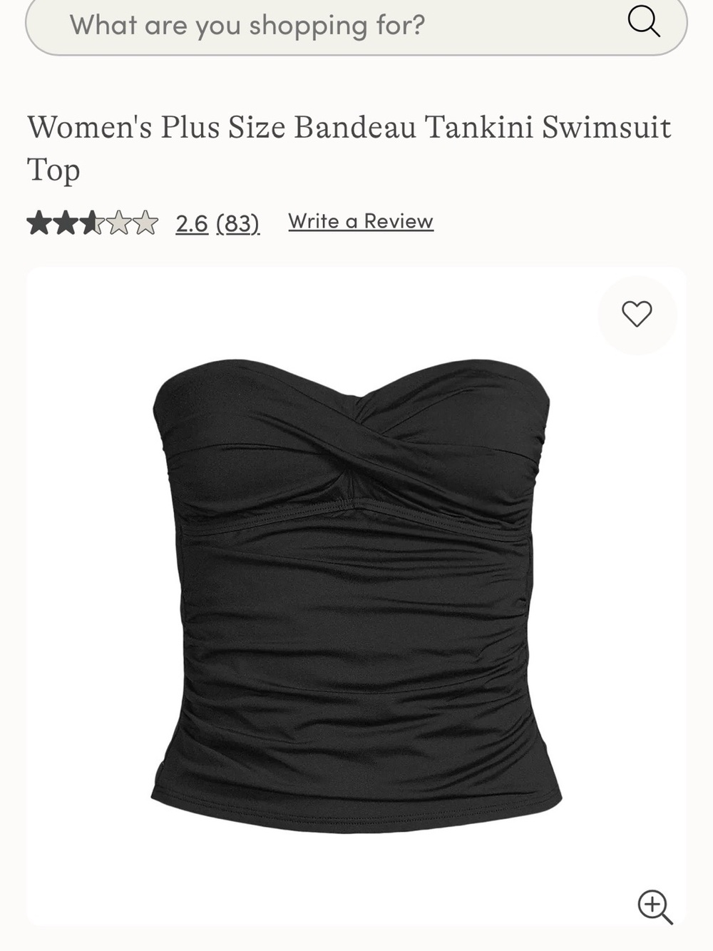 NWT Lands' End Women's Plus-Size Bandeau Tankini Top - Black
